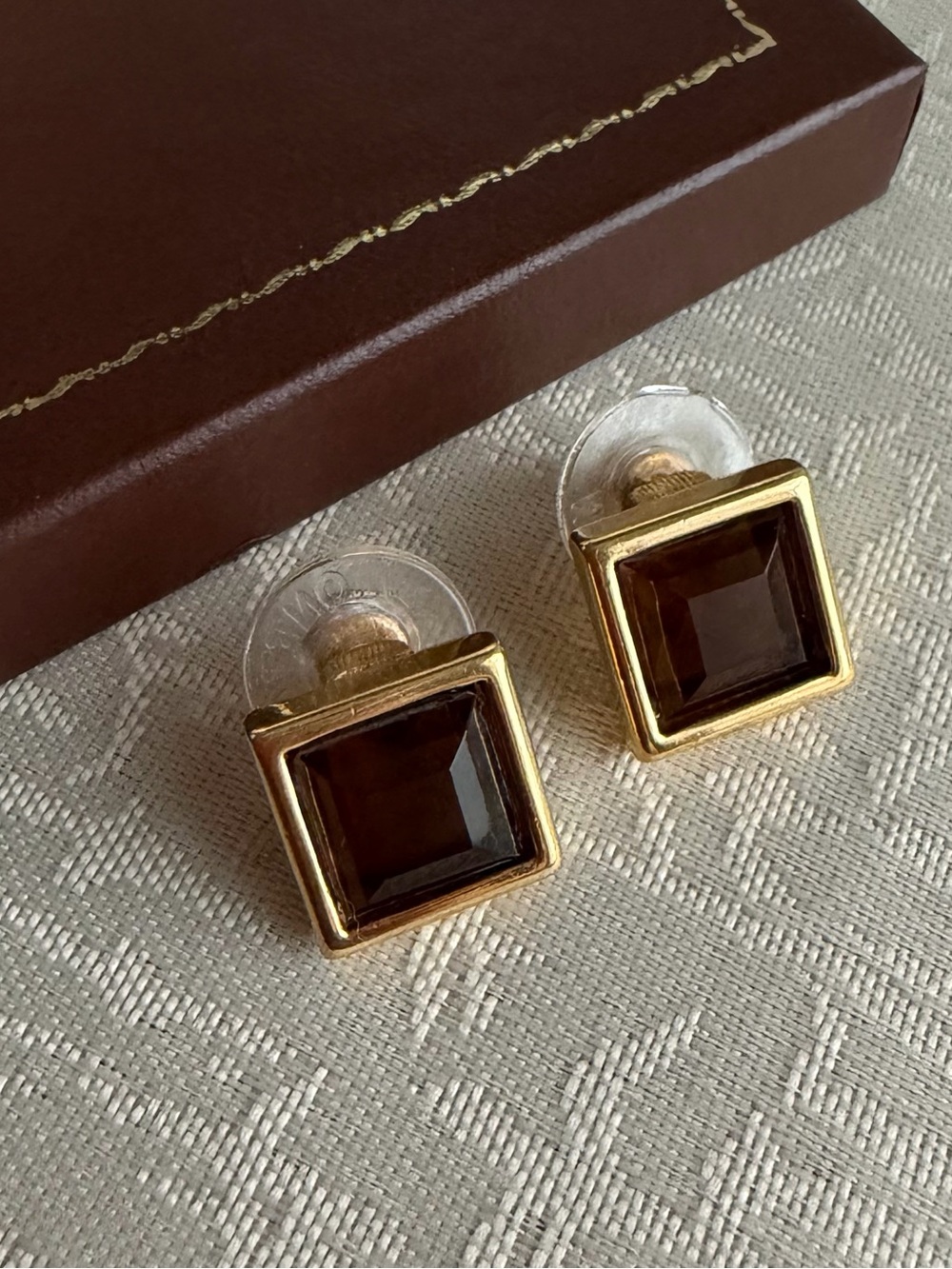 Vintage Monet Gold-Tone Square Brown Stone Stud Earrings